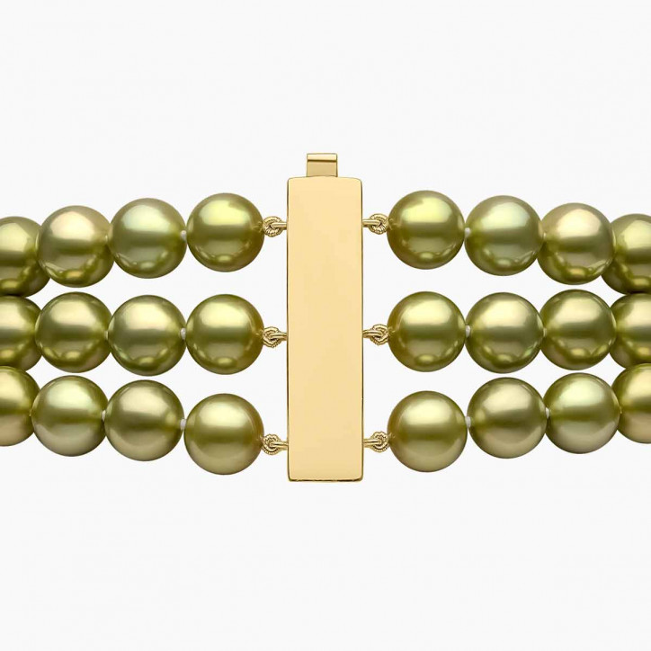 Classic 18K Gold Pistachio Tahitian Pearl Triple Row Necklace