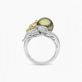 Duchess 18k Gold Pistachio Tahitian Pearl Flower Motif Diamond Ring