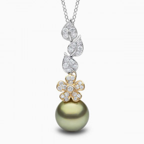 Duchess 18k Gold Pistachio Tahitian Pearl Flower Motif Diamond Pendant