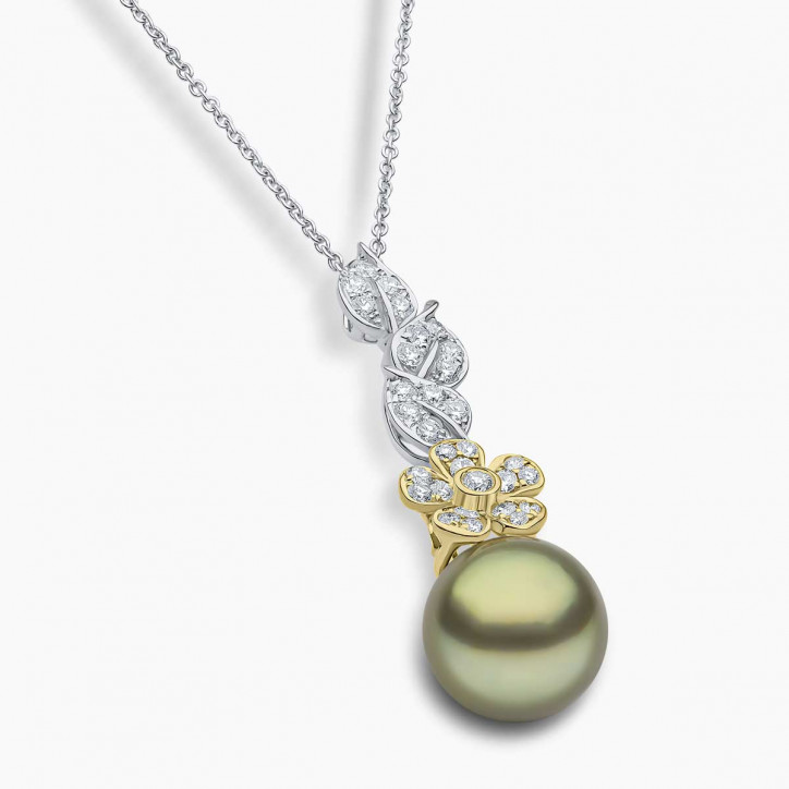 Duchess 18k Gold Pistachio Tahitian Pearl Flower Motif Diamond Pendant Duchess 18k Gold Pistachio Tahitian Pearl Flower Motif Diamond Pendant