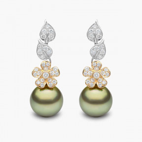 Duchess 18k Gold Pistachio Tahitian Pearl Flower Motif Diamond Earrings