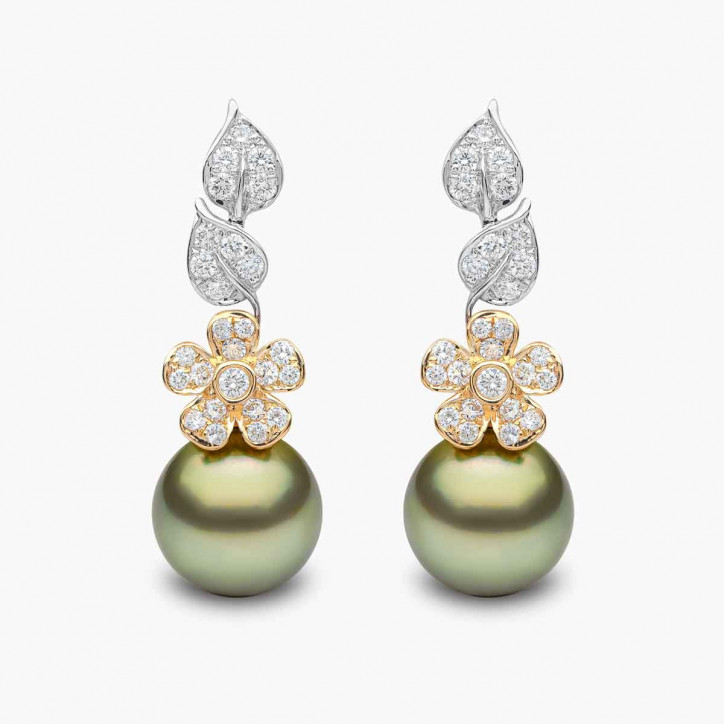 Duchess 18k Gold Pistachio Tahitian Pearl Flower Motif Diamond Earrings Duchess 18k Gold Pistachio Tahitian Pearl Flower Motif Diamond Earrings