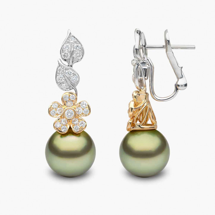 Duchess 18k Gold Pistachio Tahitian Pearl Flower Motif Diamond Earrings Duchess 18k Gold Pistachio Tahitian Pearl Flower Motif Diamond Earrings