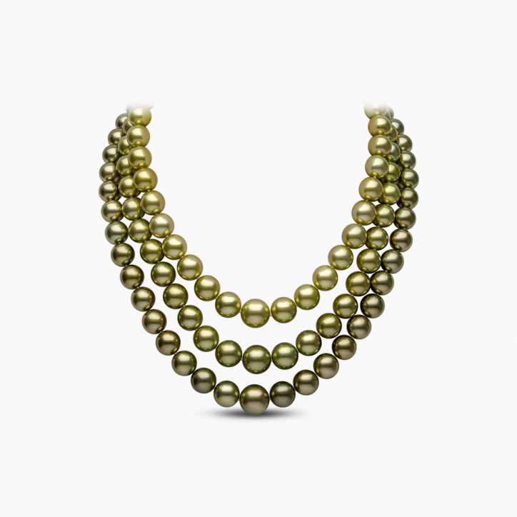 Classic 18K Gold Pistachio Tahitian Pearl Triple Row Necklace