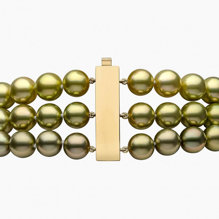 Classic 18K Gold Pistachio Tahitian Pearl Triple Row Necklace