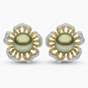Sunrise 18K Gold Pistachio Tahitian Pearl and Diamond Floral Stud Earrings