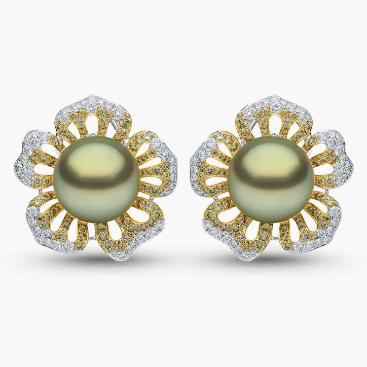 Sunrise 18K Gold Pistachio Tahitian Pearl and Diamond Floral Stud Earrings