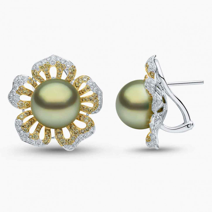 Sunrise 18K Gold Pistachio Tahitian Pearl and Diamond Floral Stud Earrings