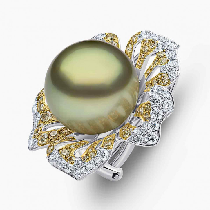 Sunrise 18K Gold Pistachio Tahitian Pearl and Diamond Floral Stud Earrings