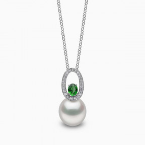 Ophelia 18K Gold South Sea Pearl Oval Cut Emerald Diamond Pendant