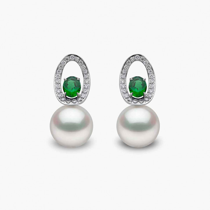 Ophelia 18K Gold South Sea Pearl Oval Cut Emerald Diamond Earrings Ophelia 18K Gold South Sea Pearl Oval Cut Emerald Diamond Earrings