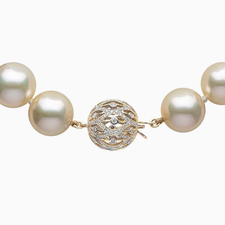Classic 18K Gold White Australian South Sea Pearl Strand and Diamond Clasp Necklace
