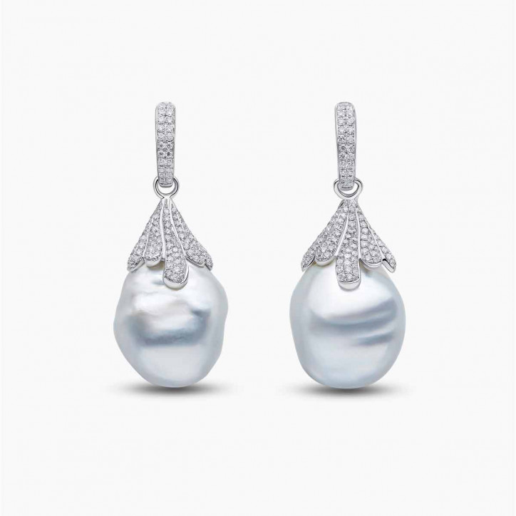 Baroque 18K Gold South Sea Pearl and Diamond Drop Earrings