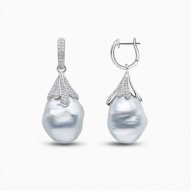 Baroque 18K Gold South Sea Pearl and Diamond Drop Earrings