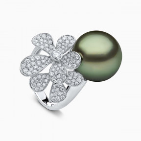 Duchess 18K Gold Tahitian and Diamond Flower Ring