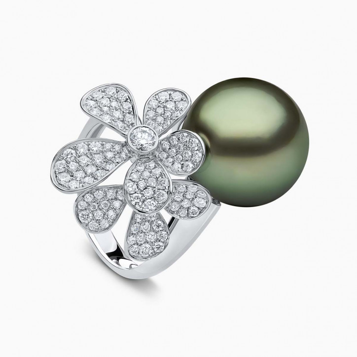 Duchess 18K Gold Tahitian and Diamond Flower Ring Duchess 18K Gold Tahitian and Diamond Flower Ring