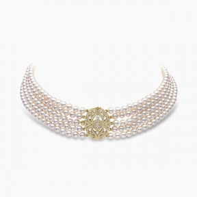 Classic 18K Yellow Gold Five Row Freshwater Pearl and Diamond Clasp Choker