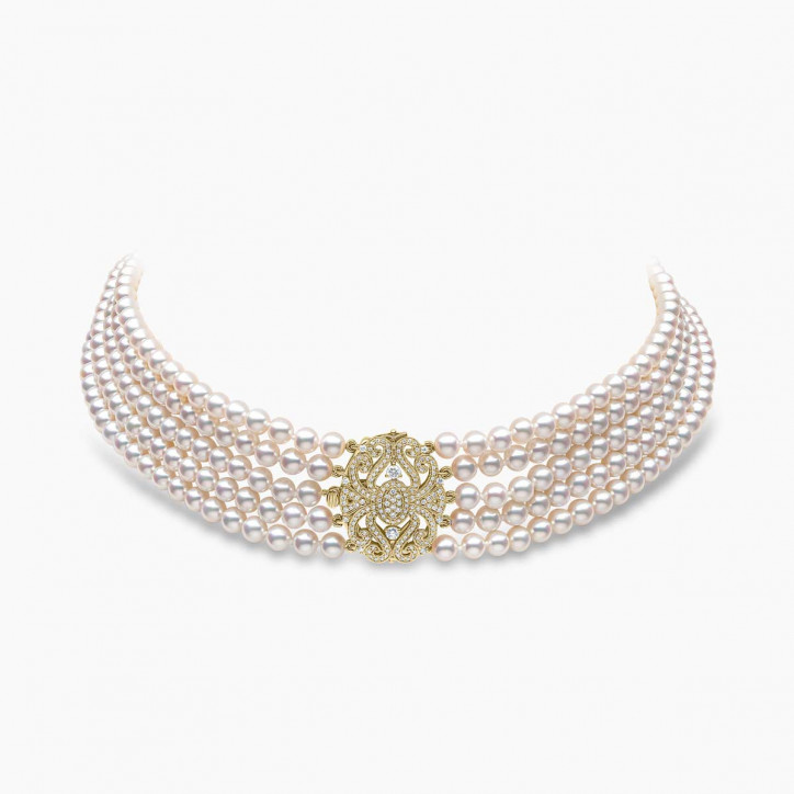 Classic 18K Yellow Gold Five Row Freshwater Pearl and Diamond Clasp Choker Classic 18K Yellow Gold Five Row Freshwater Pearl and Diamond Clasp Choker