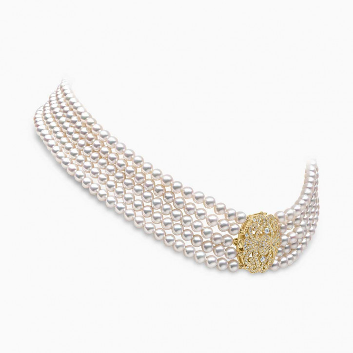 Classic 18K Yellow Gold Five Row Freshwater Pearl and Diamond Clasp Choker Classic 18K Yellow Gold Five Row Freshwater Pearl and Diamond Clasp Choker