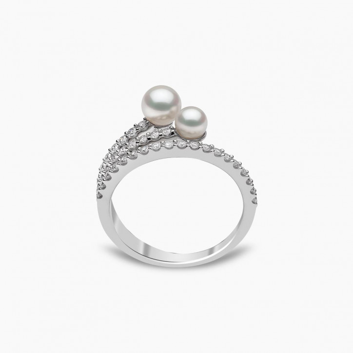 Sleek 18K Gold Double Pearl and Diamond Motif Ring Sleek 18K Gold Double Pearl and Diamond Motif Ring