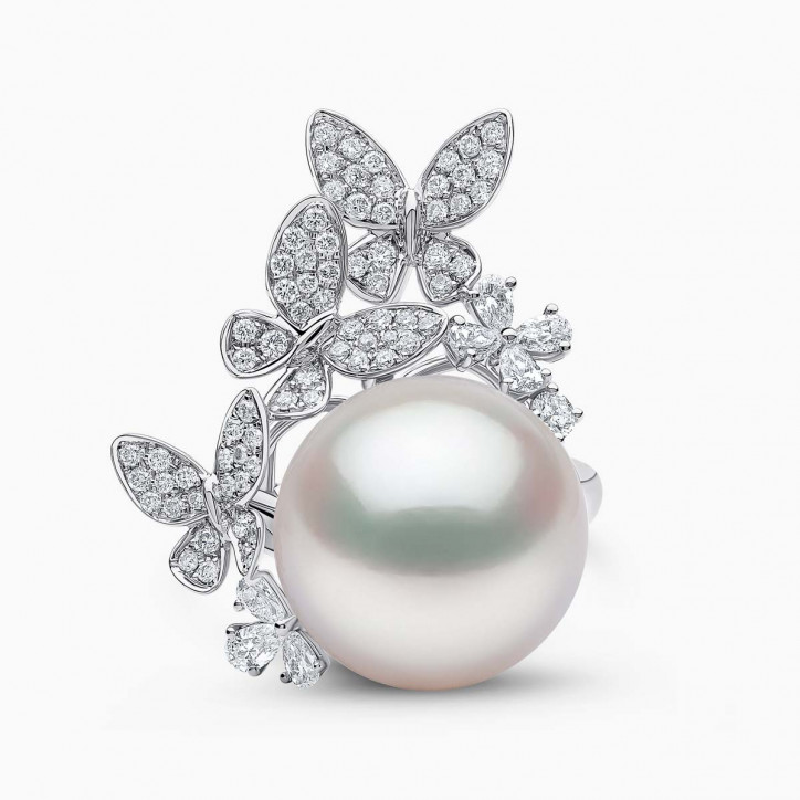 Contessa 18K златен пръстен с диамантена пеперуда с перли от Южно море