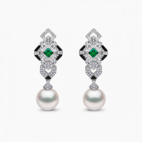 Cleopatra 18K Gold Pearl Diamond Emerald and Onyx Earrings