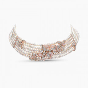 Cleopatra 18K Gold Freshwater Pearl Diamond and Pink Opal Necklace