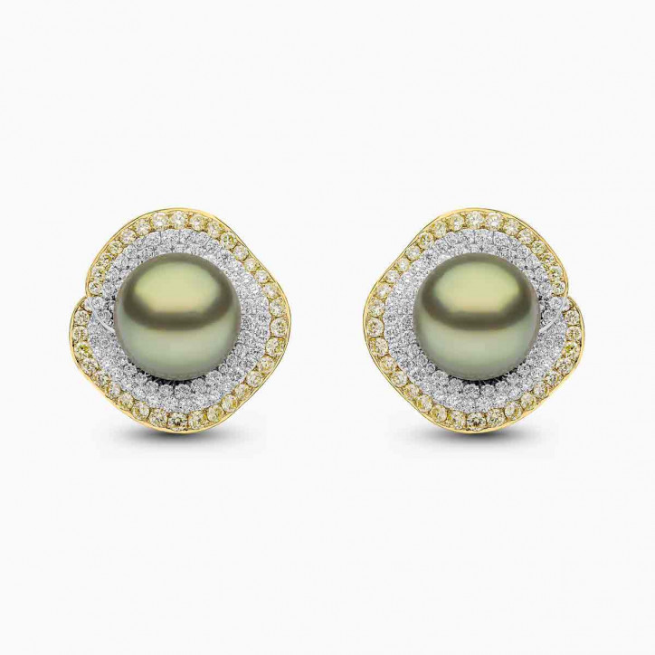 Sunrise 18k Gold Pistachio Tahitian Pearl Stud Diamond Earrings