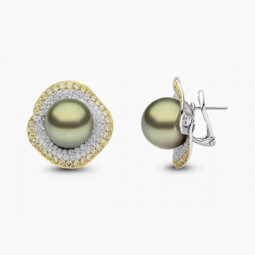 Sunrise 18k Gold Pistachio Tahitian Pearl Stud Diamond Earrings