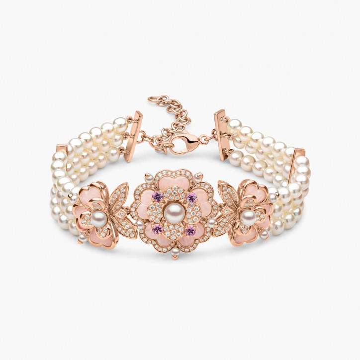 Cleopatra 18K Gold Freshwater Pearl Diamond and Pink Sapphire Bracelet