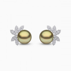 Duchess 18k Gold Pistachio Tahitian Pearl Half Flower Motif Diamond Earrings