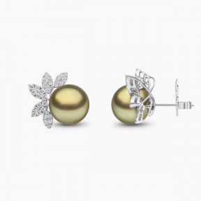 Duchess 18k Gold Pistachio Tahitian Pearl Half Flower Motif Diamond Earrings