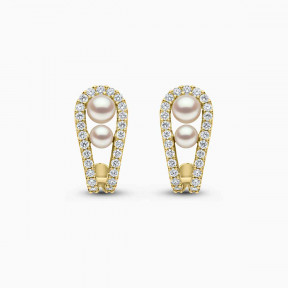 Sleek 18K Gold Double Akoya Pearl and Diamond Earrings