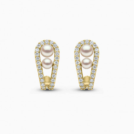Sleek 18K Gold Double Akoya Pearl and Diamond Earrings
