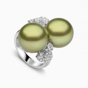 Contessa 18k Gold Pistachio Tahitian Pearl Flower Motif Diamond Ring