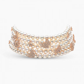 Contessa 18K златна сладководна перла и диамантена пеперуда Choker