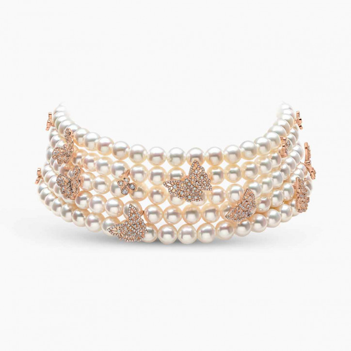Contessa 18K златна сладководна перла и диамантена пеперуда Choker