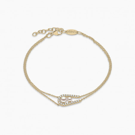 Sleek 18K Gold Double Akoya Pearl and Diamond Chain Bracelet