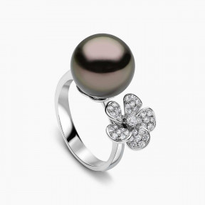 Contessa 18K Gold Black Tahitian Pearl and Diamond Flower Ring