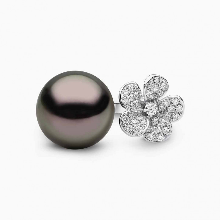 Contessa 18K Gold Black Tahitian Pearl and Diamond Flower Ring Contessa 18K Gold Black Tahitian Pearl and Diamond Flower Ring