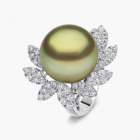 Duchess 18k Gold Pistachio Tahitian Pearl Flower Motif Diamond Ring