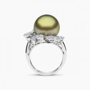 Duchess 18k Gold Pistachio Tahitian Pearl Flower Motif Diamond Ring