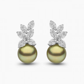 Duchess 18k Gold Pistachio Tahitian Pearl Flower Motif Diamond Earrings