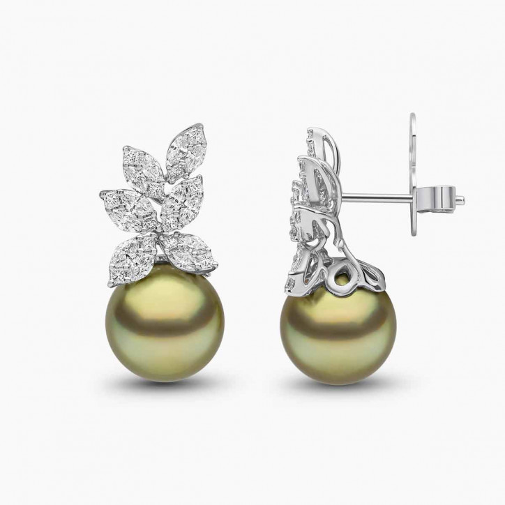 Duchess 18k Gold Pistachio Tahitian Pearl Flower Motif Diamond Earrings Duchess 18k Gold Pistachio Tahitian Pearl Flower Motif Diamond Earrings