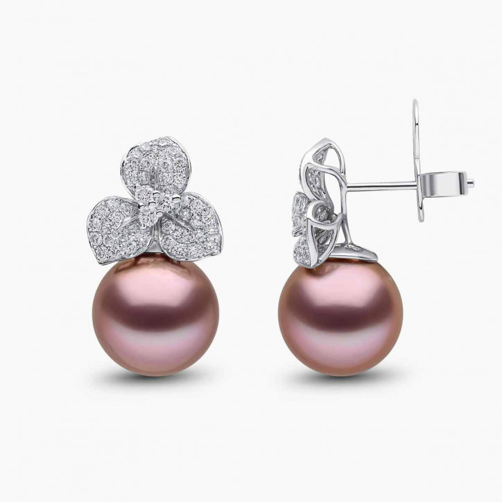 Contessa 18K златни обеци с розова сладководна перла и диамантени цветя