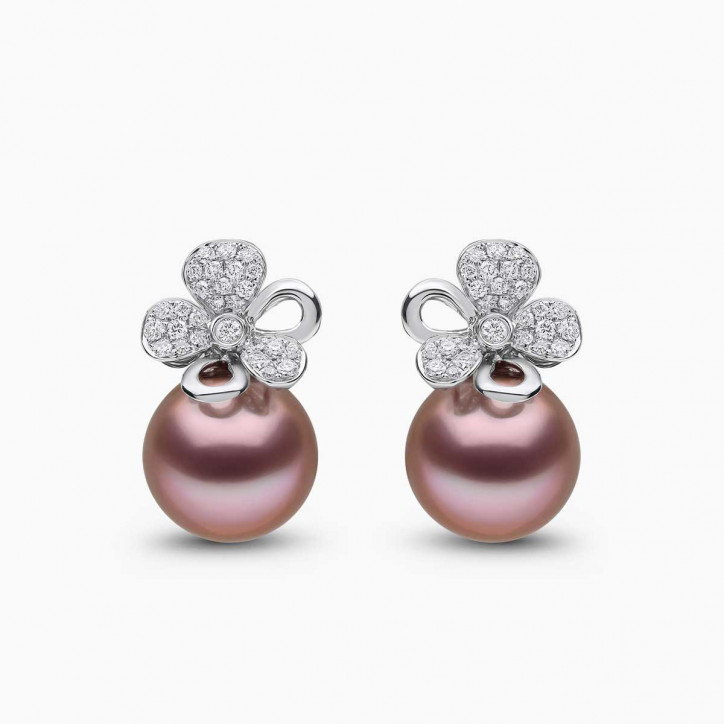 Contessa 18K златни обеци с розова сладководна перла и диамантени цветя