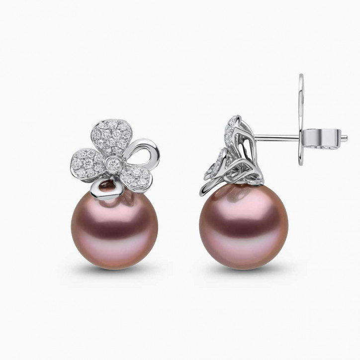 Contessa 18K златни обеци с розова сладководна перла и диамантени цветя