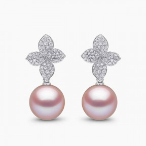 Contessa 18K златни розови сладководни перли и диамантени обеци с цветя