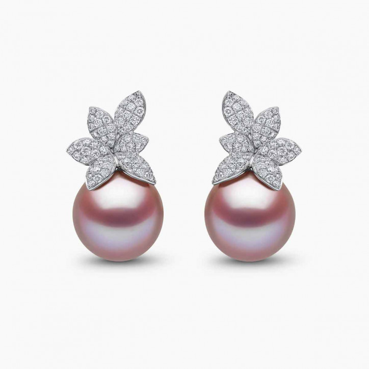 Contessa 18K Gold Pink Freshwater Pearl and Diamond Flower Motif Earrings Contessa 18K Gold Pink Freshwater Pearl and Diamond Flower Motif Earrings
