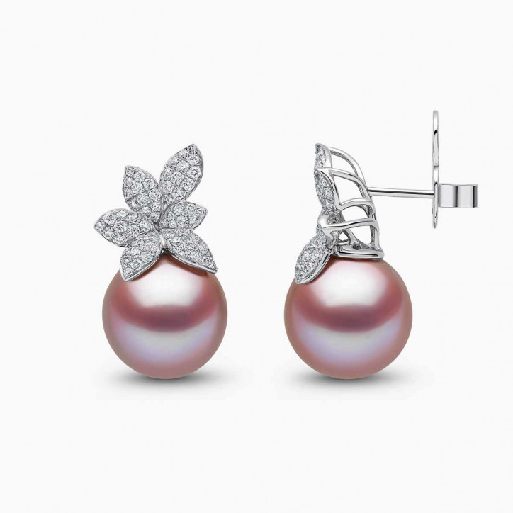 Contessa 18K Gold Pink Freshwater Pearl and Diamond Flower Motif Earrings Contessa 18K Gold Pink Freshwater Pearl and Diamond Flower Motif Earrings
